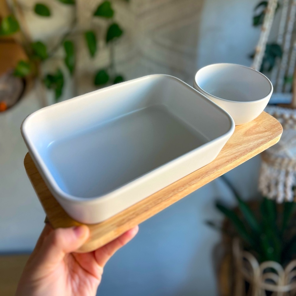 Aldi Crofton Chip and Dip Serving Set - 3-Piece Stoneware and Wood - 12x7”